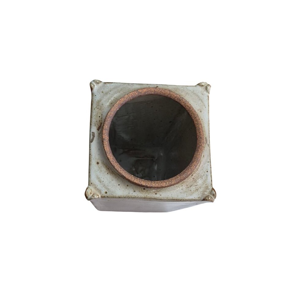 Heavy Stoneware Clay Urn Vase Rustic Floral Rectangular Brown & Beige Glaze - Picture 5 of 13